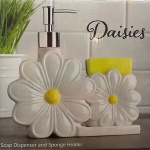 Daisy White Ceramic Soap Dispenser & Sponge Holder with Yellow Centers - Daisy